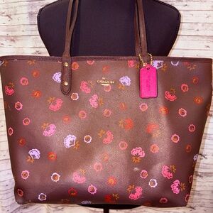Coach Brown Tote with Pink and Red Floral Design